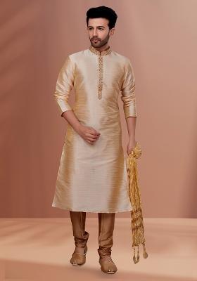 White Solid Banarasi Silk Kurta Set For Men