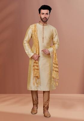 Gold Solid Banarasi Silk Kurta Set For Men