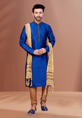 Teal Blue Solid Banarasi Silk Kurta Set For Men