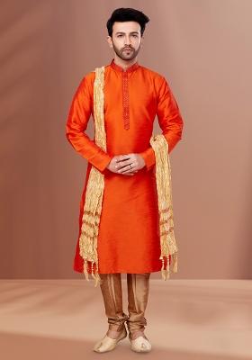 Orange Solid Banarasi Silk Kurta Set For Men