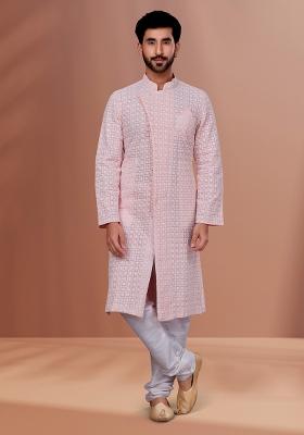 Pink Solid Georgette Kurta Set For Men