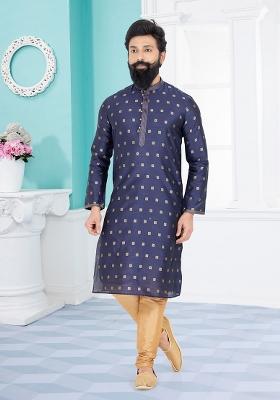 Navy Blue Solid Silk Kurta Set For Men