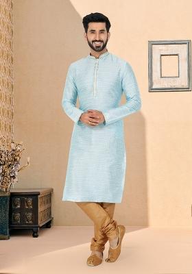 Sky Blue Solid Jacquard Kurta Set For Men