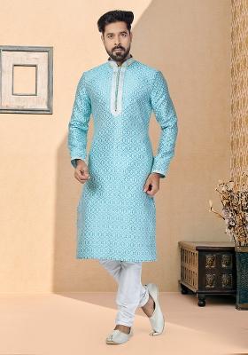 Sea Green Solid Silk Kurta Set For Men