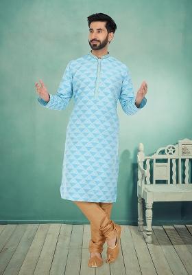 Sea Green Solid Silk Kurta Set For Men
