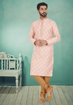 Pink Solid Silk Kurta Set For Men