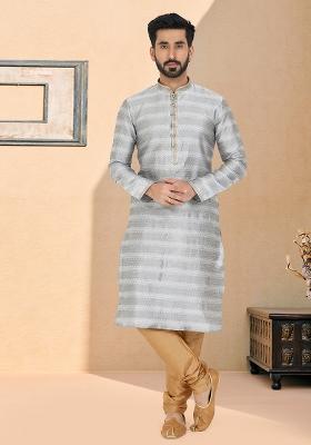 Grey Solid Jacquard Kurta Set For Men