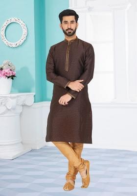 Maroon Solid Jacquard Kurta Set For Men
