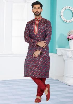 Blue Solid Silk Kurta Set For Men