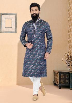 Blue Solid Silk Kurta Set For Men