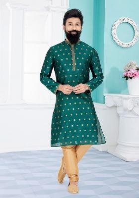 Green Solid Silk Kurta Set For Men