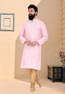Pink Solid Silk Kurta Set For Men