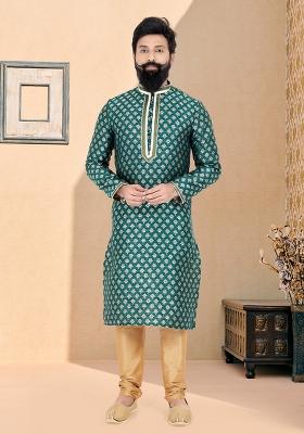 Green Solid Silk Kurta Set For Men