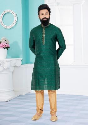 Green Solid Jacquard Kurta Set For Men