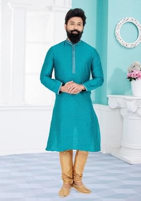 Sea Green Solid Jacquard Kurta Set For Men