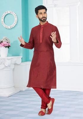 Maroon Solid Jacquard Kurta Set For Men