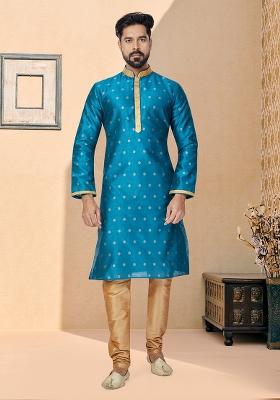 Sea Green Solid Silk Kurta Set For Men