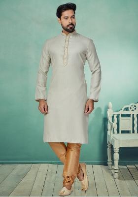 Grey Solid Silk Kurta Set For Men