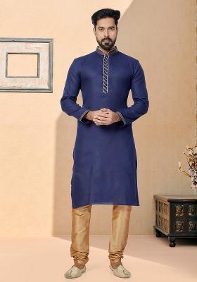 Navy Blue Solid Silk Kurta Set For Men