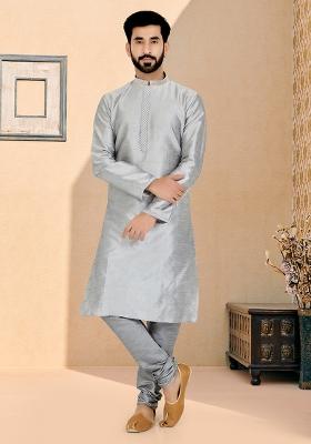 Grey Solid Silk Kurta Set For Men