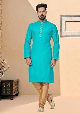 Sky Blue Solid Silk Kurta Set For Men