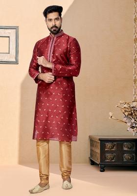 Maroon Solid Silk Kurta Set For Men