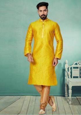Yellow Solid Jacquard Kurta Set For Men