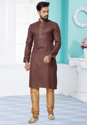 Coffee Brown Solid Silk Kurta Set For Men