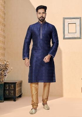 Navy Blue Solid Jacquard Kurta Set For Men