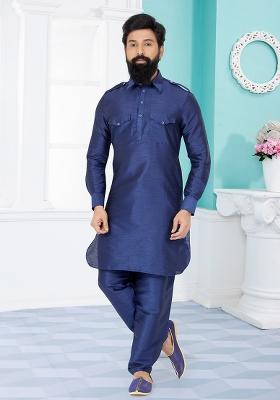 Navy Blue Solid Banarasi Silk Kurta Set For Men