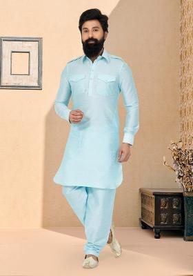 Sky Blue Solid Banarasi Silk Kurta Set For Men