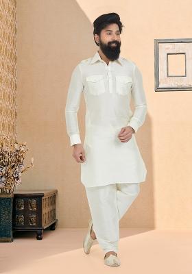 White Solid Banarasi Silk Kurta Set For Men