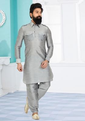 Grey Solid Banarasi Silk Kurta Set For Men