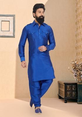 Teal Blue Solid Banarasi Silk Kurta Set For Men