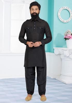 Black Solid Banarasi Silk Kurta Set For Men