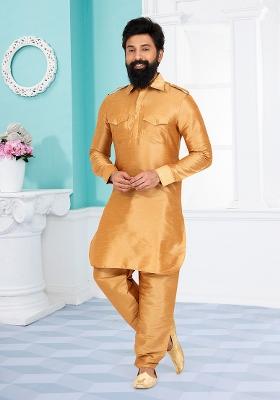 Chiku Brown Solid Banarasi Silk Kurta Set For Men