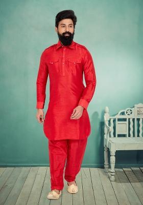 Red Solid Banarasi Silk Kurta Set For Men
