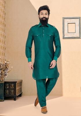 Rama Green Solid Banarasi Silk Kurta Set For Men
