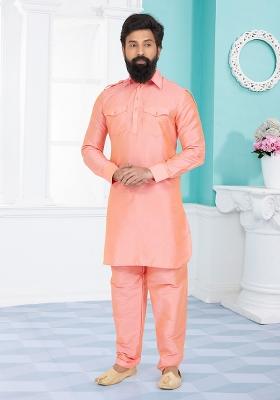 Pink Solid Banarasi Silk Kurta Set For Men