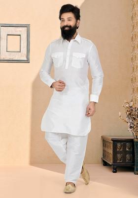 White Solid Banarasi Silk Kurta Set For Men