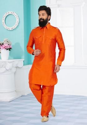Orange Solid Banarasi Silk Kurta Set For Men