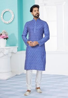 Royal Blue Solid Silk Kurta Set For Men