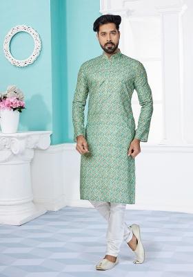 Lime Green Solid Silk Kurta Set For Men