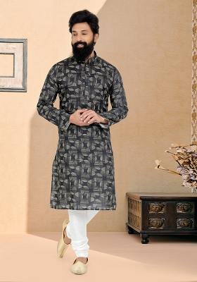 Black Solid Silk Kurta Set For Men