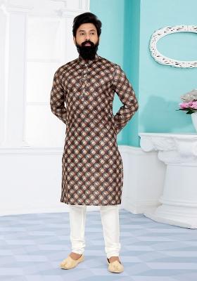 Coffee Brown Solid Silk Kurta Set For Men