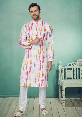 White Solid Silk Kurta Set For Men