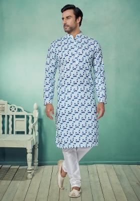 Light Blue Solid Silk Kurta Set For Men