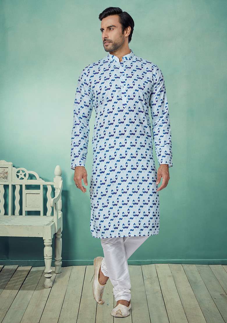 Light Blue Solid Silk Blend Kurta Set For Men - Indya