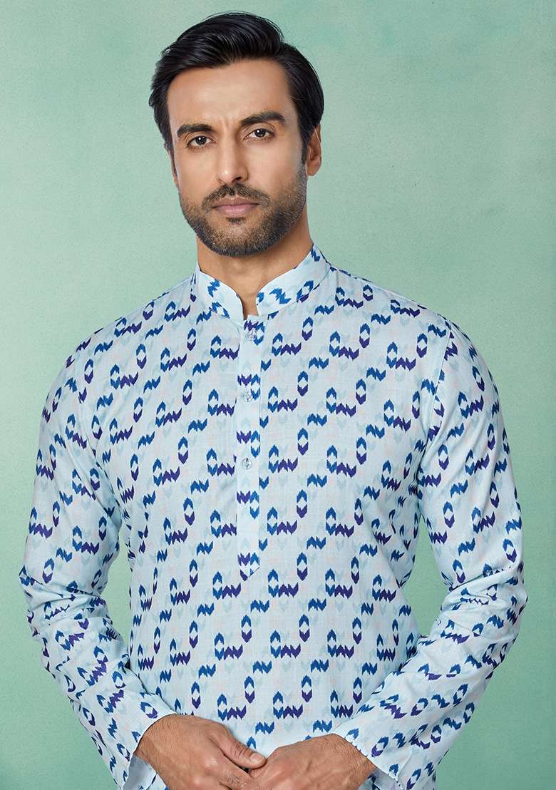 Light Blue Solid Silk Blend Kurta Set For Men - Indya