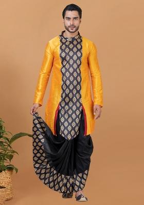 Yellow And Black Solid Banarasi Silk Kurta Set For Men